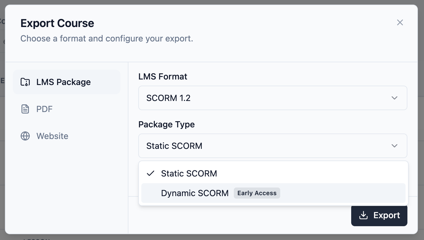 Slate export dialog showing the Package Type dropdown with Static SCORM and Dynamic SCORM options