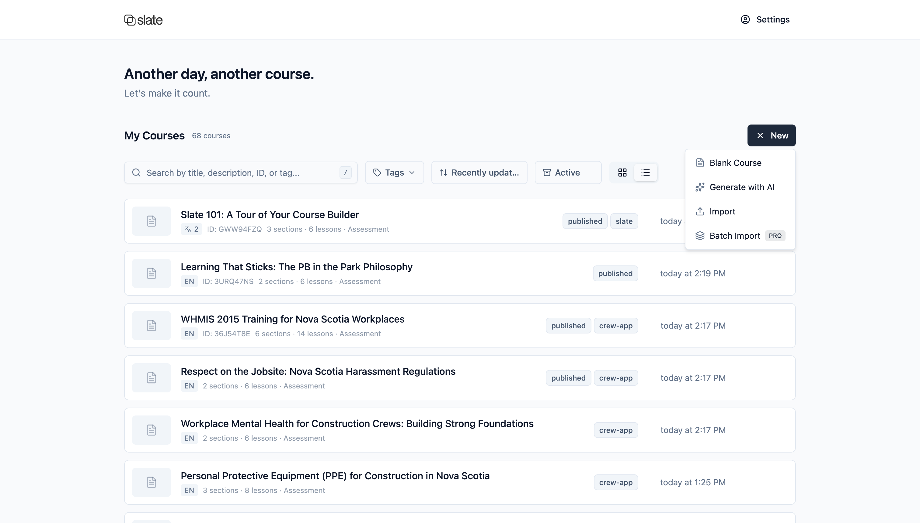 Slate dashboard in grid view showing course cards with section and lesson counts, tags, translation languages, and assessment indicators