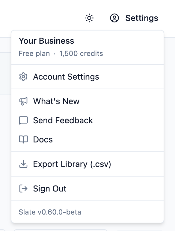 Slate dashboard settings dropdown showing the Export Library (.csv) option