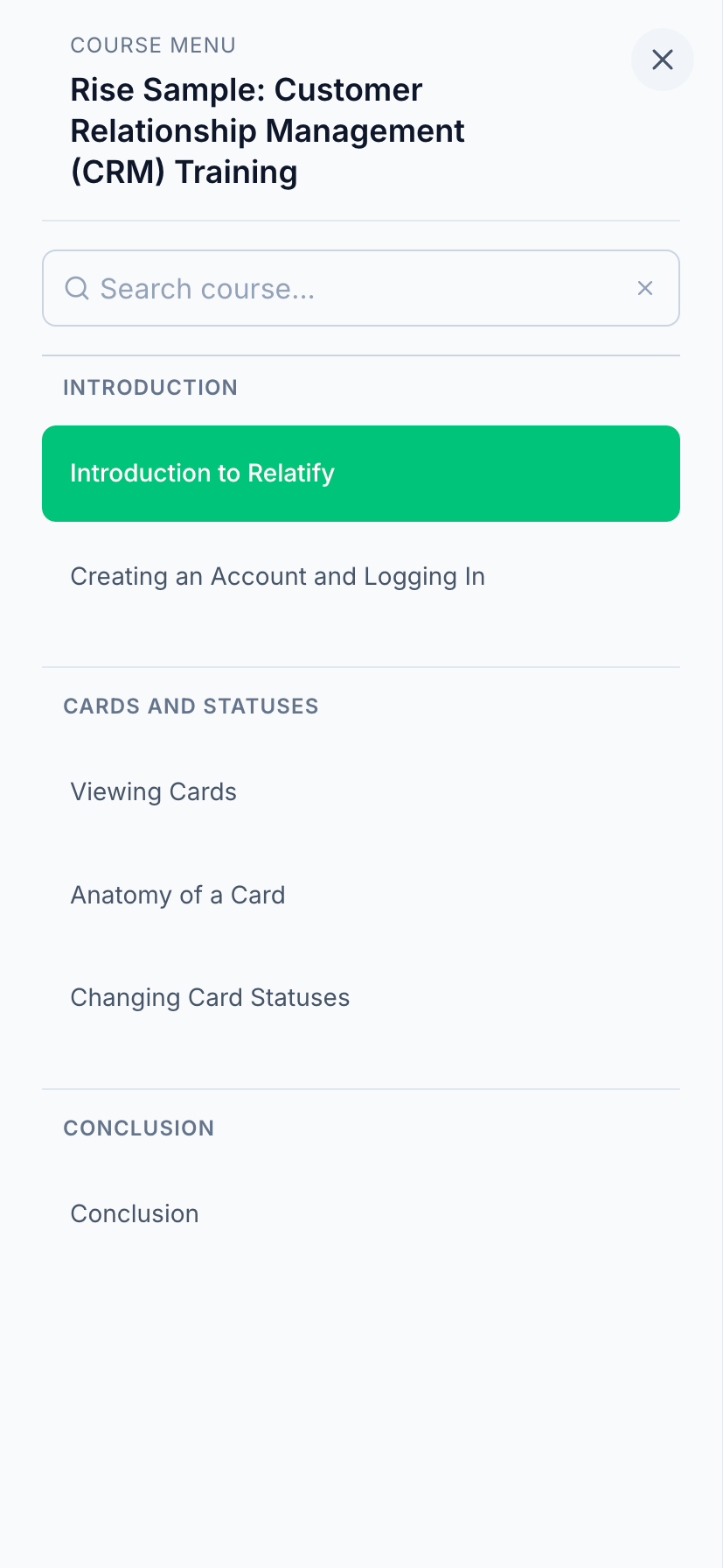 Articulate Rise CRM Training course imported to Slate on mobile, showing responsive layout with lesson content