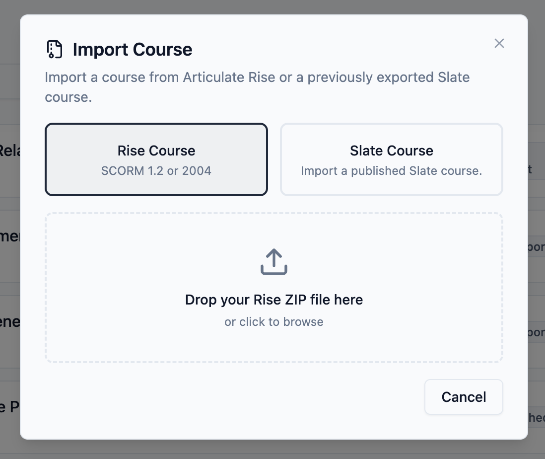 Slate import dialog for uploading Articulate Rise SCORM exports