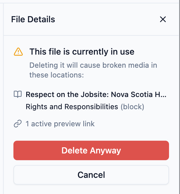 Slate media deletion warning showing files in use across courses and reviews
