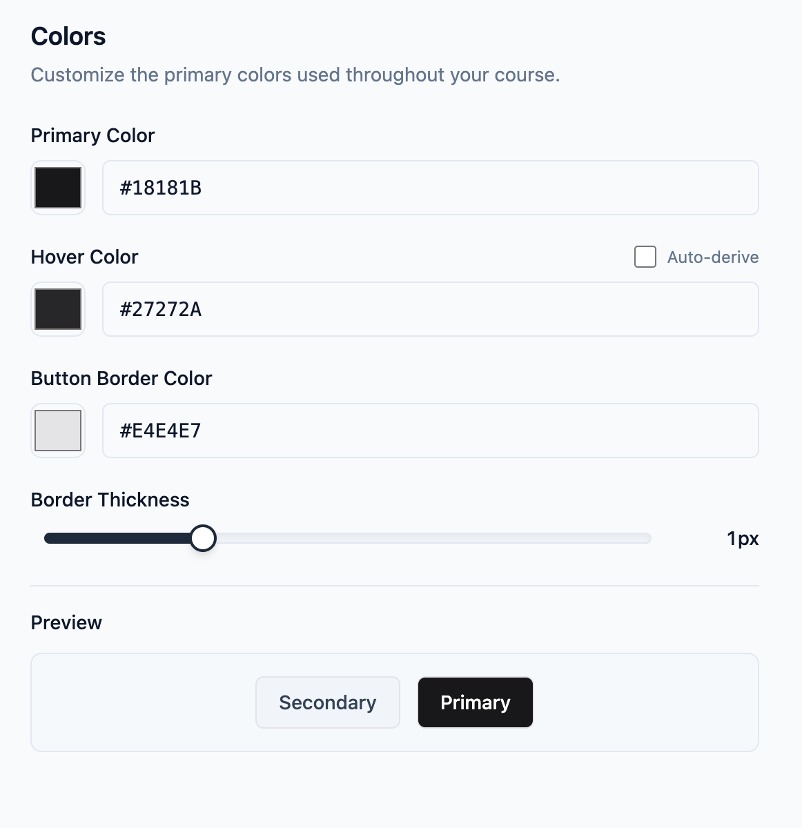 Slate theme colour settings showing primary colour, hover colour, and outline colour options