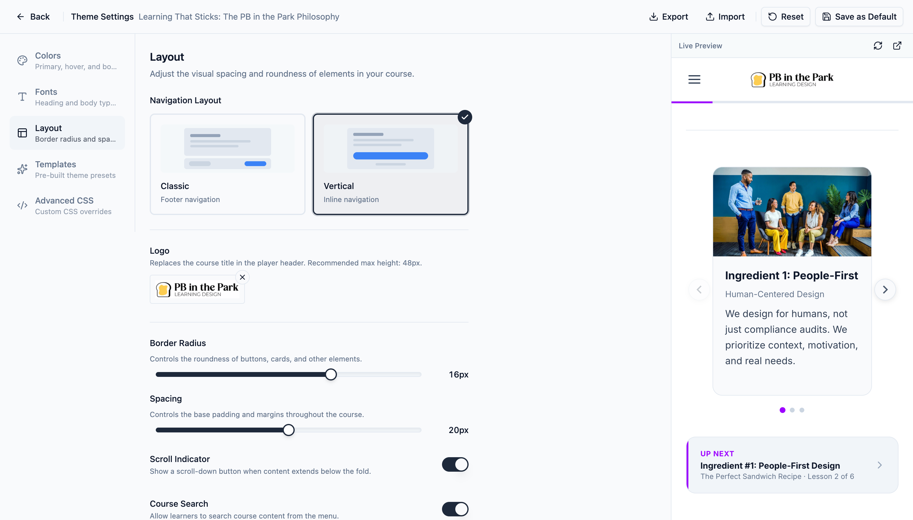 Slate theme settings showing layout options, logo upload, border radius and spacing controls, with a live course preview