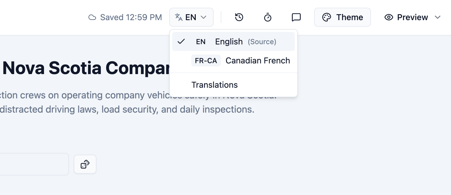 Slate lesson editor with the language selector dropdown open, showing English as the source language and Canadian French as a translated language