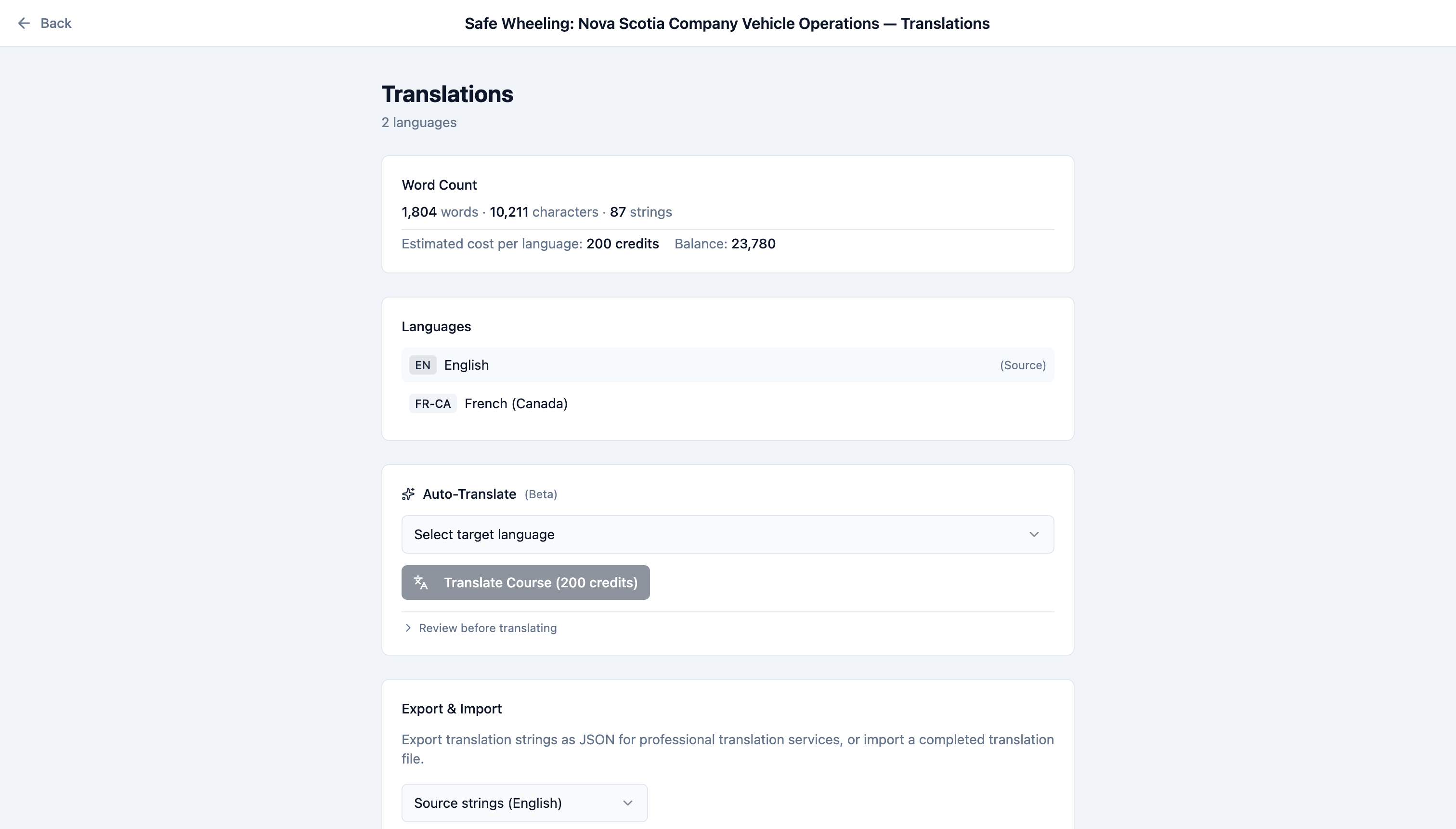 Slate translation page showing course content with language selection and translation controls
