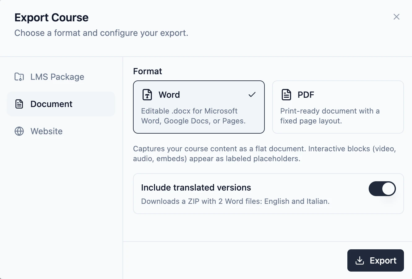 Slate's Document export options with Word selected and Include translated versions enabled, showing a ZIP with English and Italian Word files.