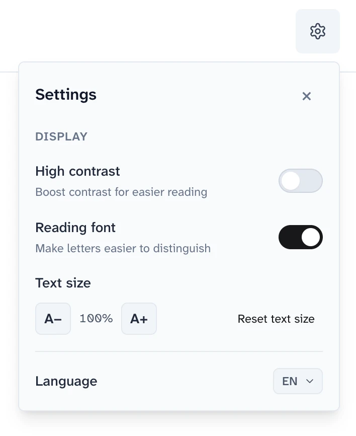 Slate course settings with Reading font switched on, alongside high contrast, text size, and language controls.