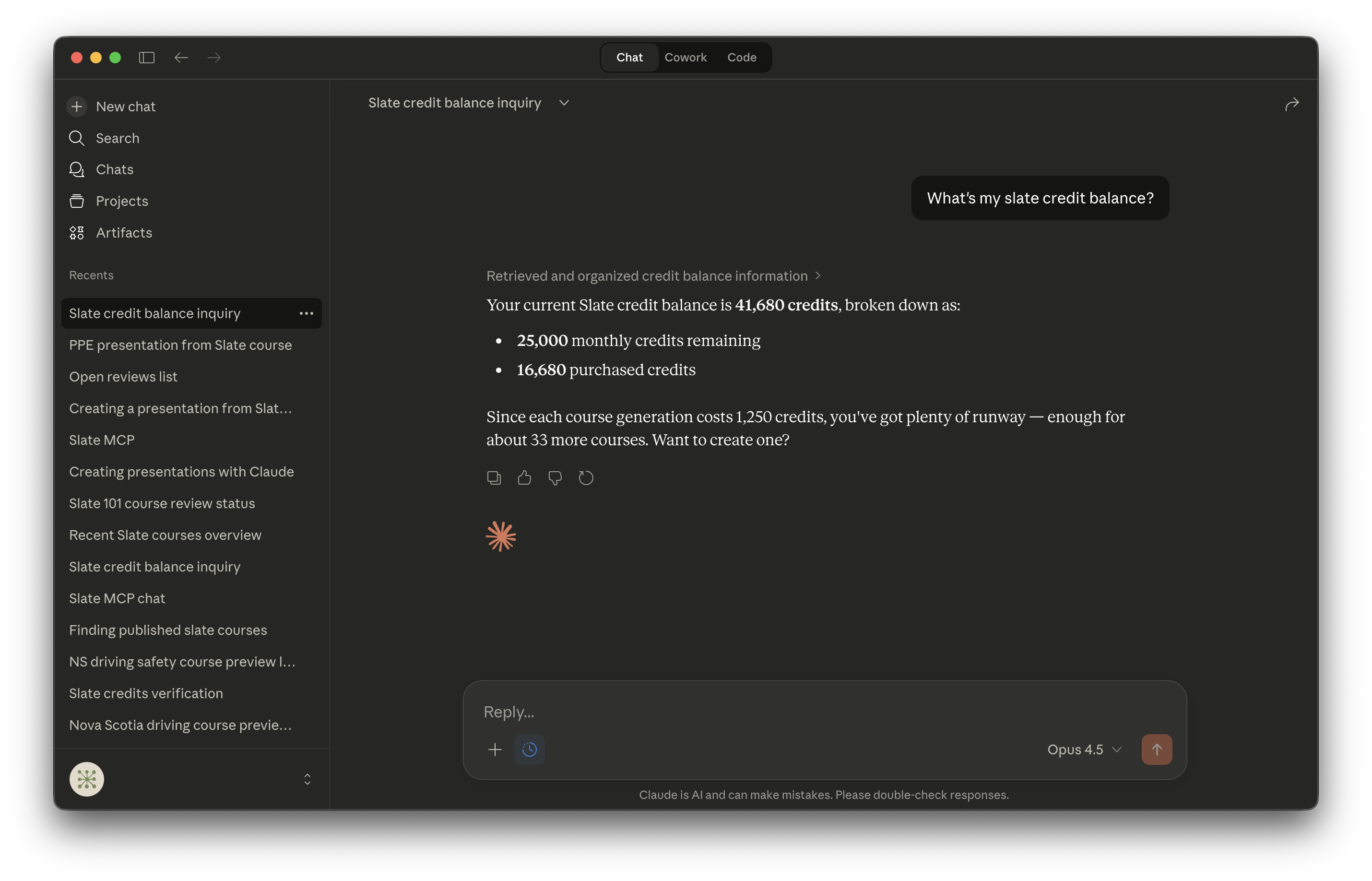 Claude responding to 'how many Slate credits do I have' with current balance