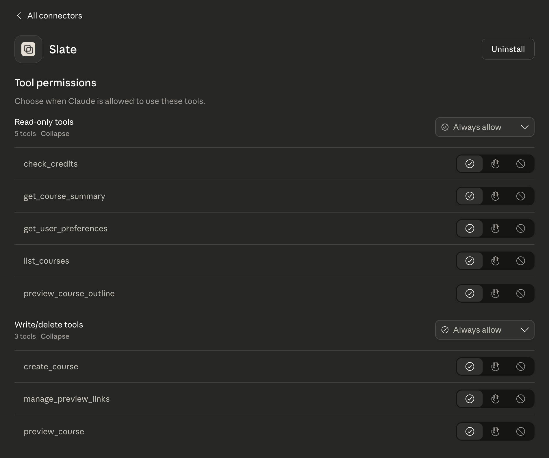 Claude Desktop connector settings showing Slate tool permissions