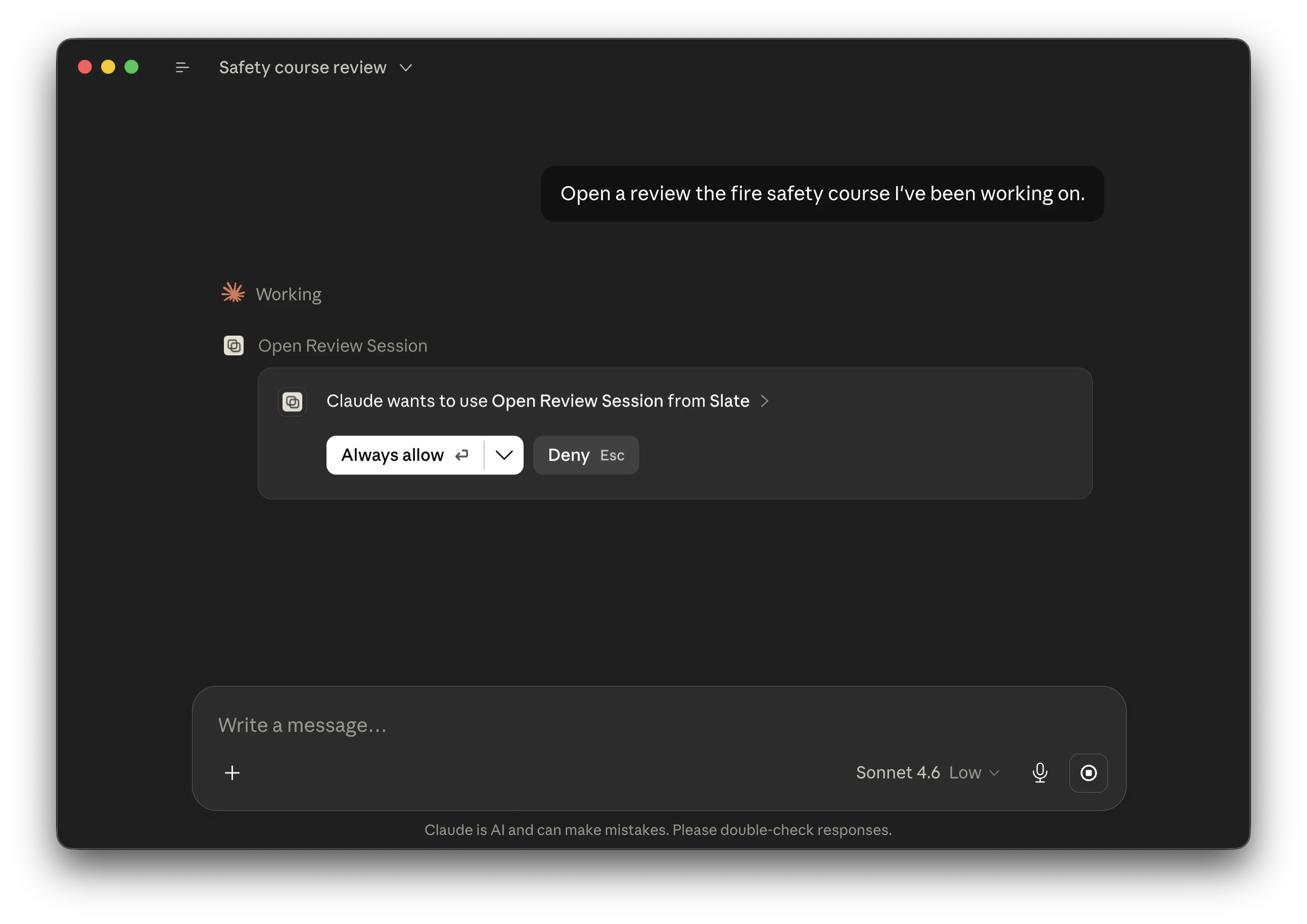 Approving Claude's request to use Slate's Open Review Session tool over MCP