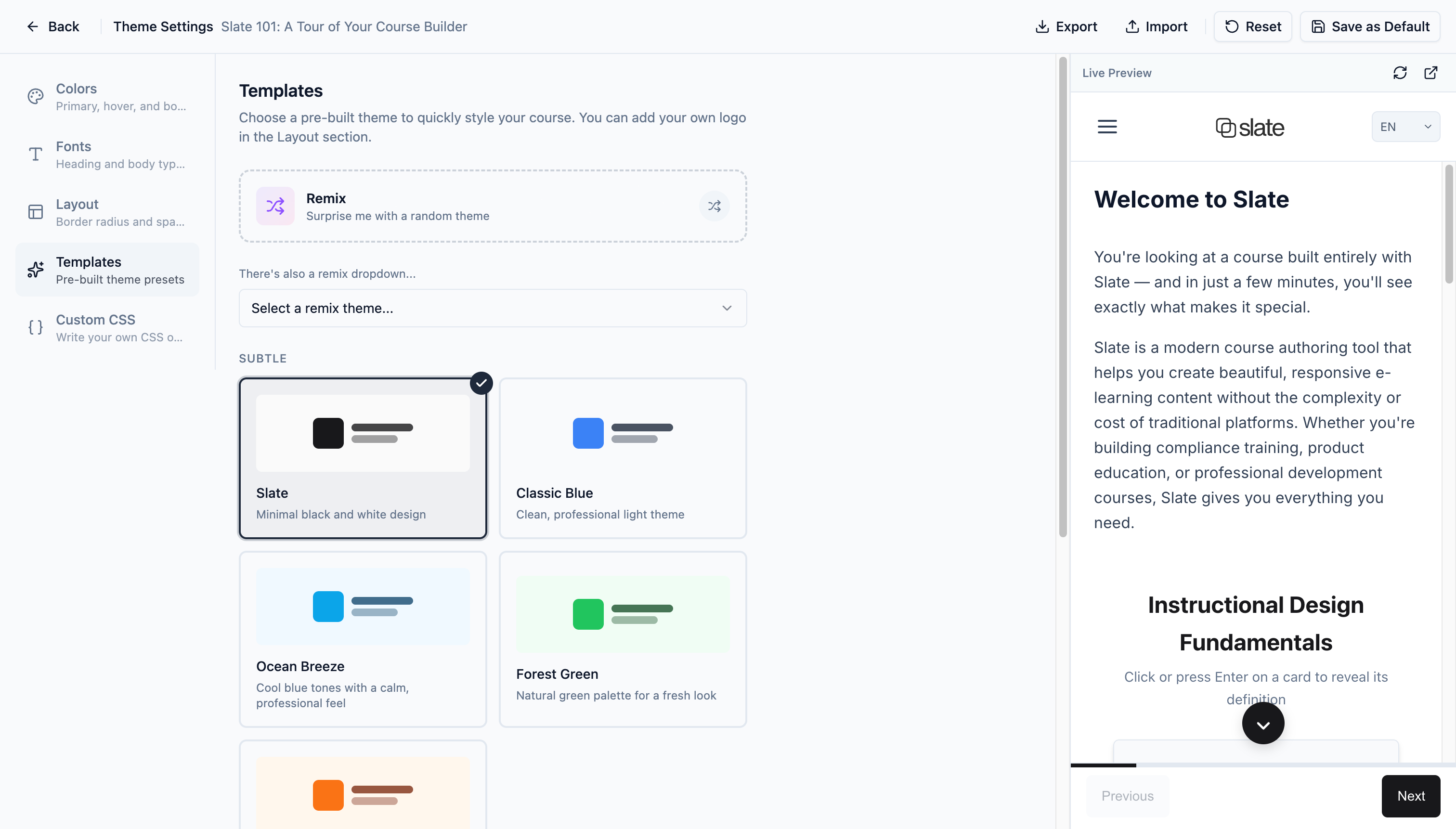 Slate course builder theme settings with live preview