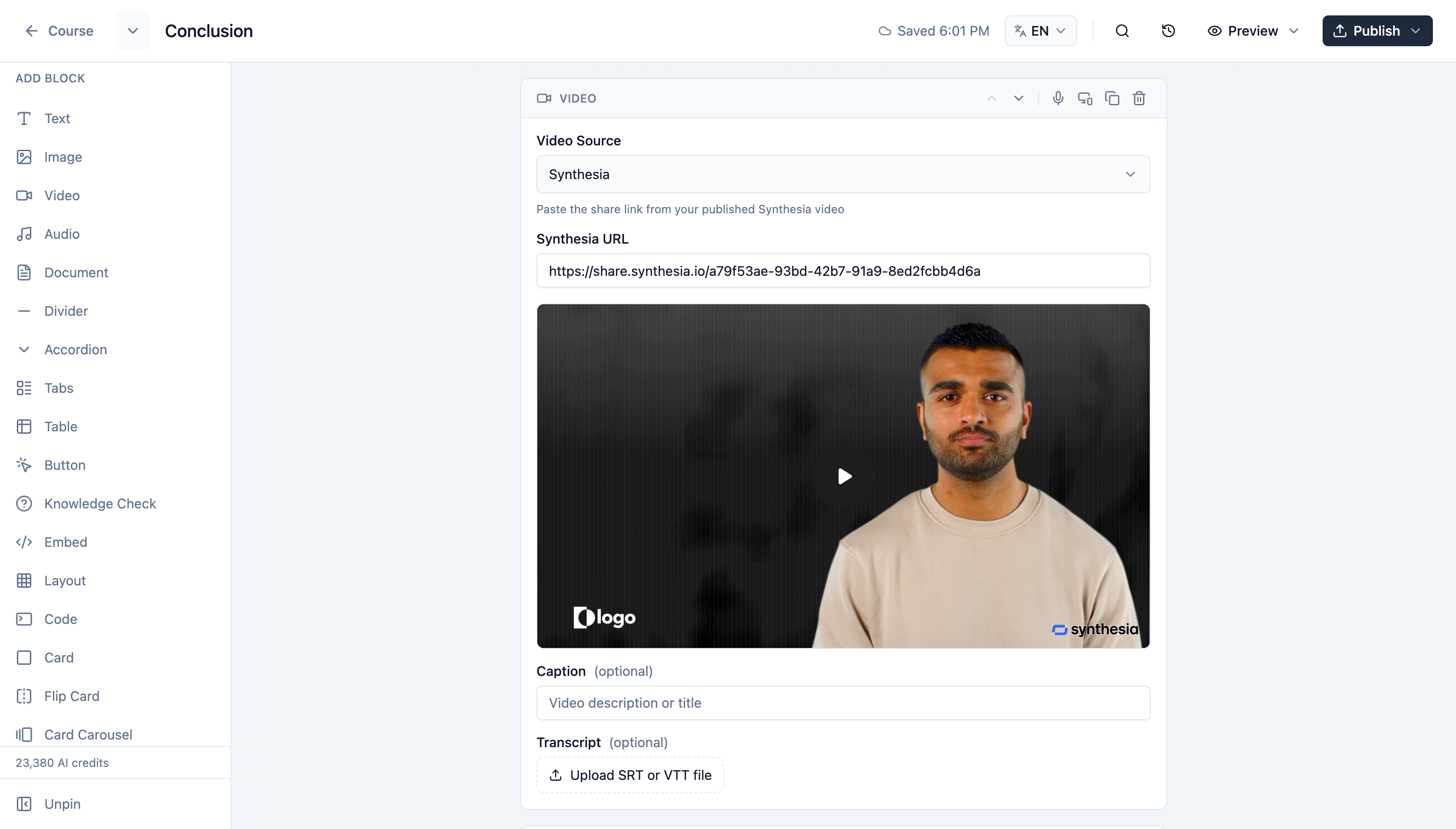 Synthesia, Canva, and Google Drive integration with auto-detected URLs and iFrames
