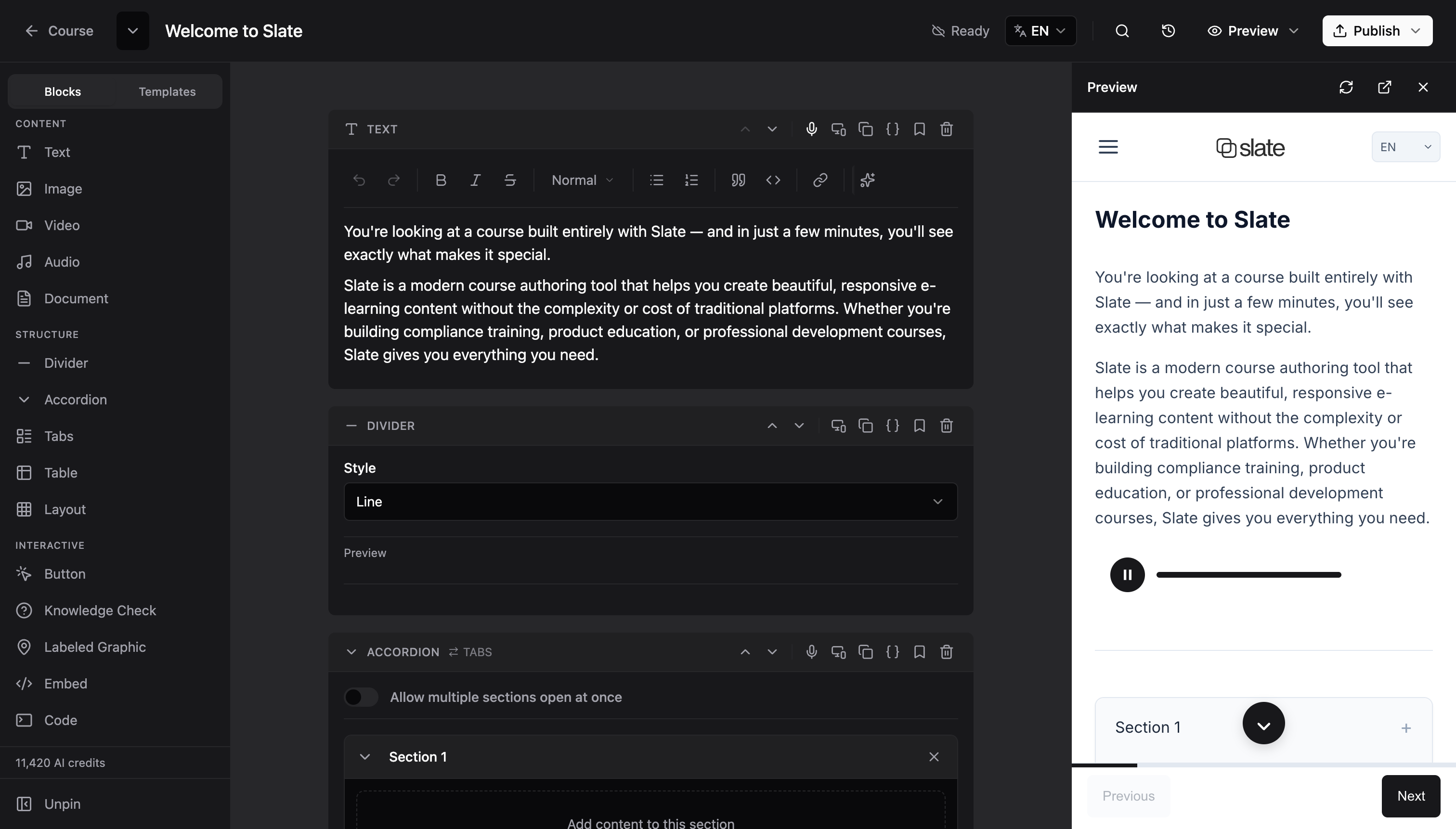 Lesson editor — dark mode