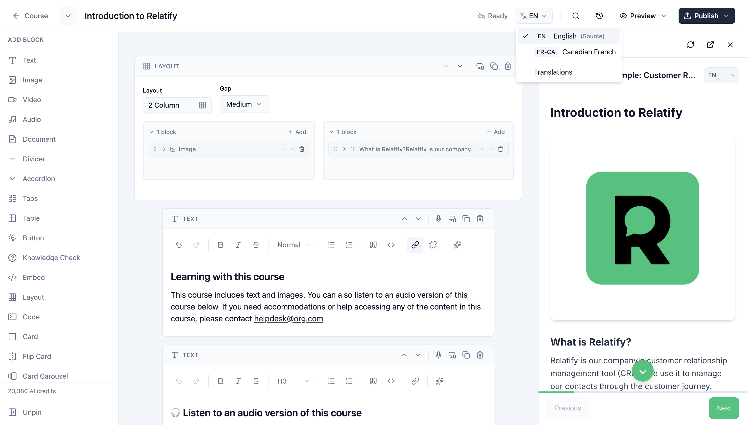 Lesson editor interface