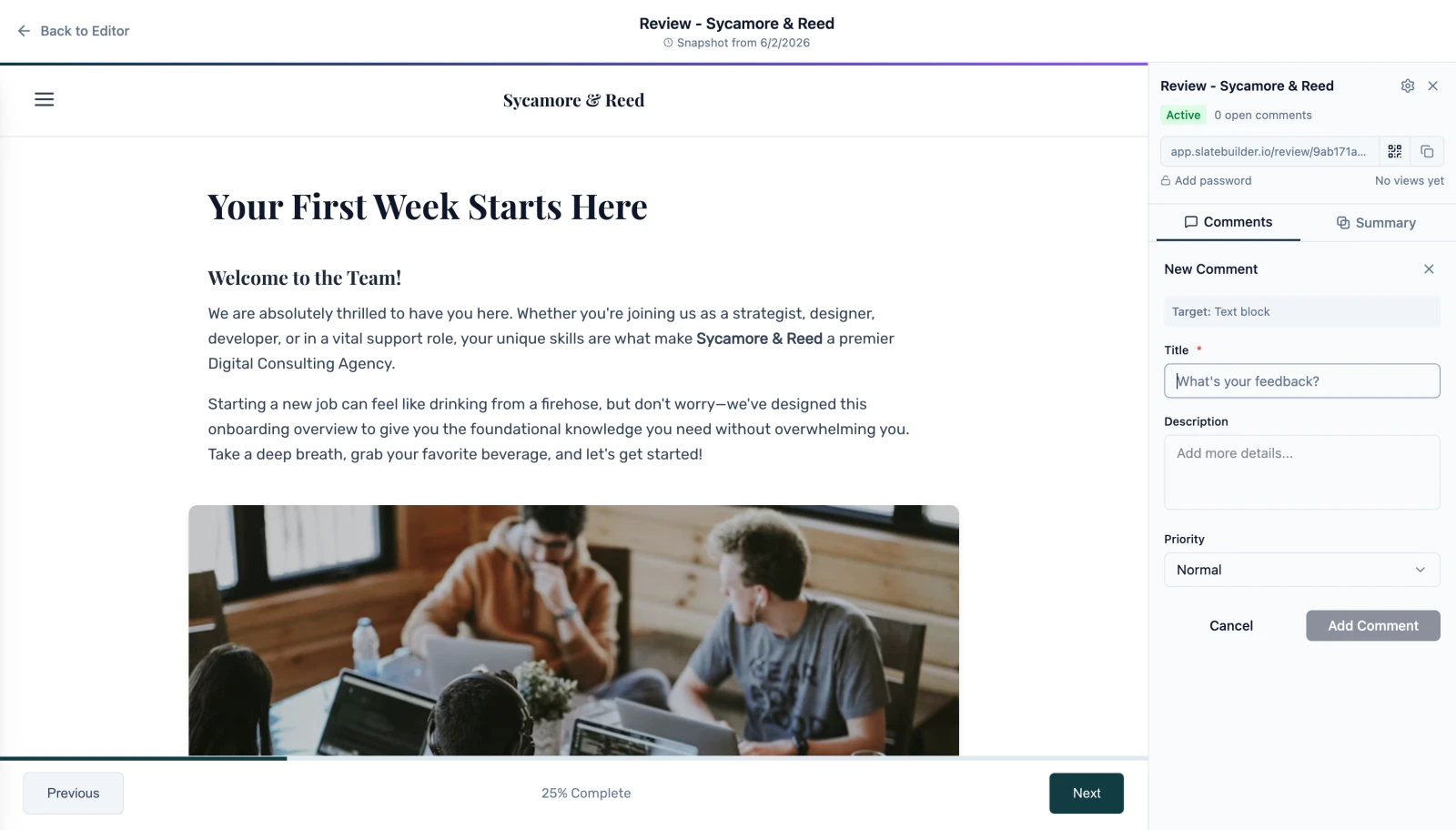 Review tool with comments and feedback