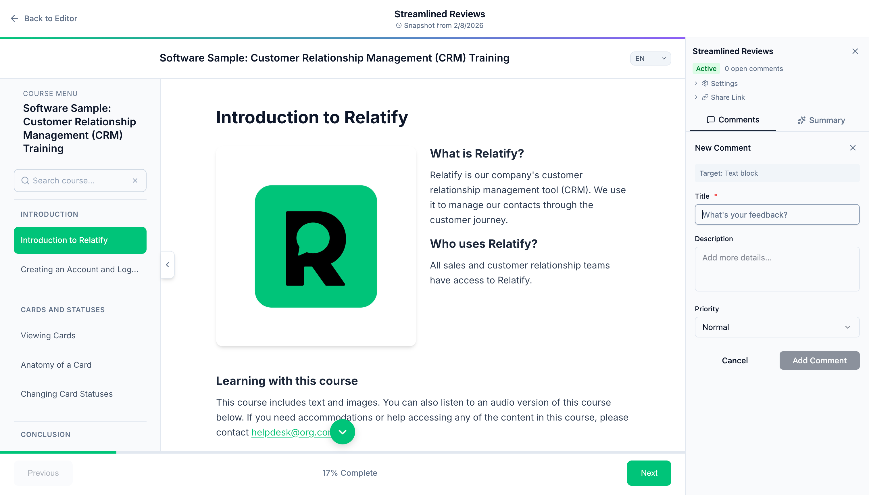 Review tool with comments and feedback