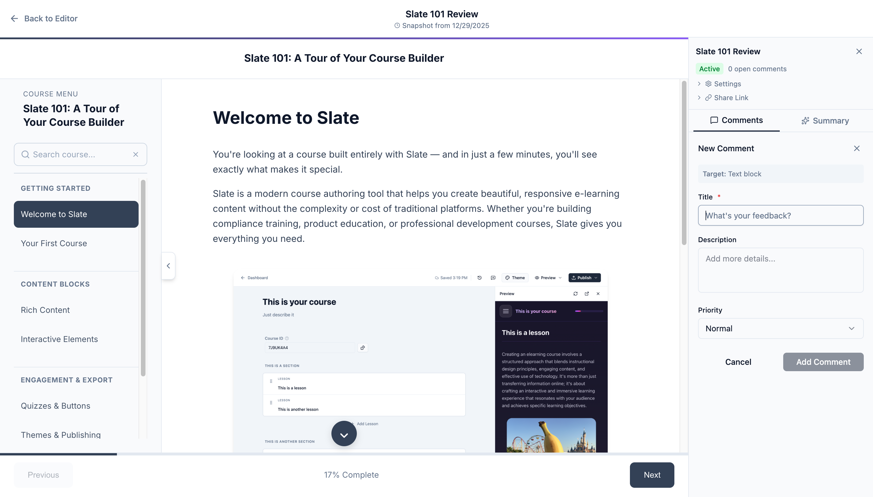 Review tool with comments and feedback