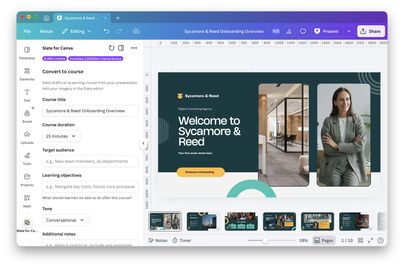 Slate for Canva app inside the Canva editor, showing course generation options alongside a presentation