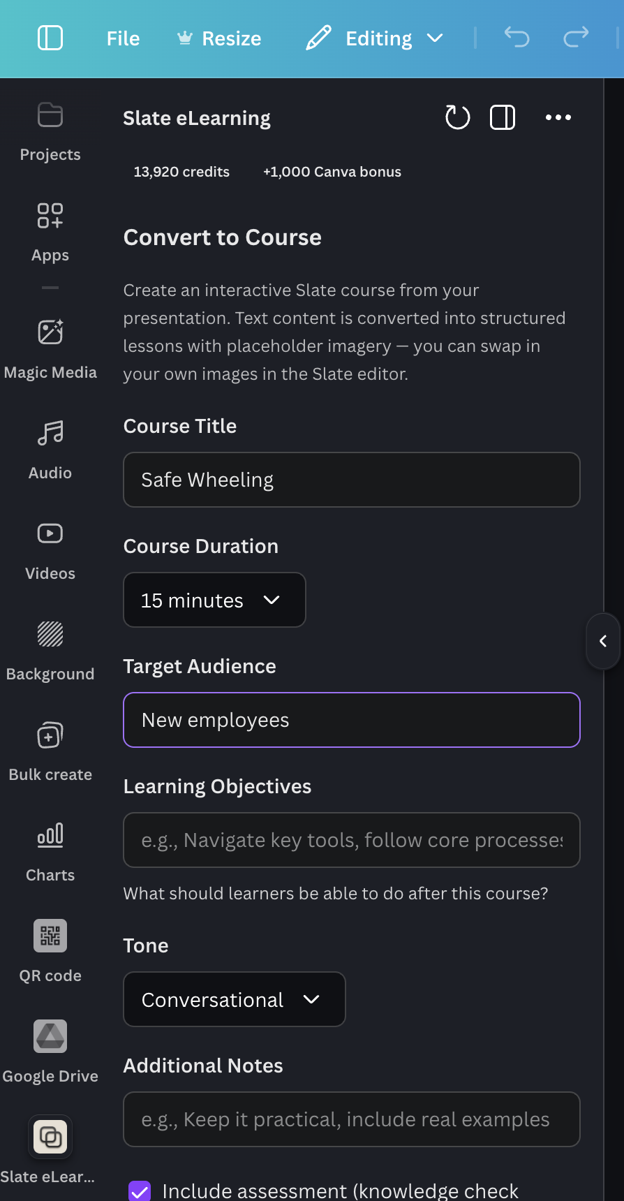 Slate eLearning app side panel inside the Canva editor, showing course generation options